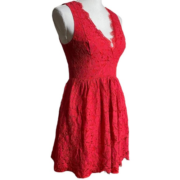 Lulus Dresses & Skirts - Lulus Lace Dress S Allover Surplice V-Neck A-Line Skater Eyelash Scalloped Red